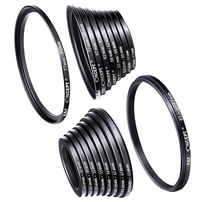 Filter Ring Adapter 18pcs Camera Lens Filter Metal Stepping Rings kit Includes 9pcs Step Up Ring Set + 9pcs Step Down Ring Set Black