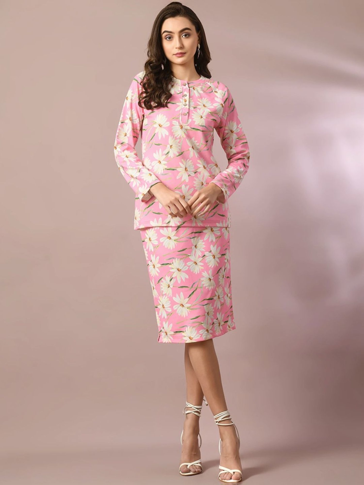 Myshka Pink Floral Print Top Skirt Set