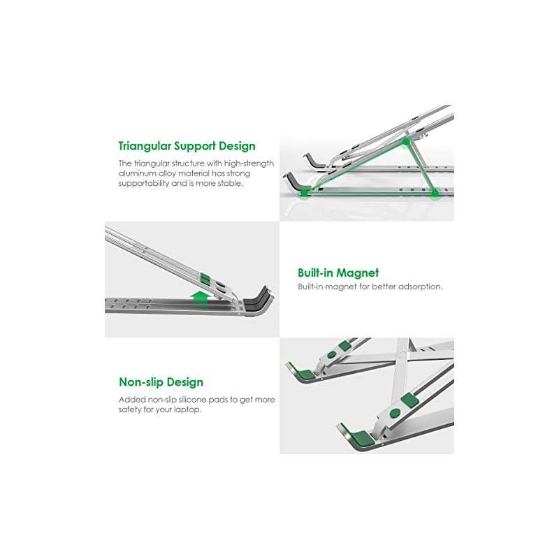 Laptop Stand,  Adjustable Aluminum Notebook Stand with Magnet, Portable Foldable Laptop Holder for Desk Compatible with All 10-15.6in Laptops (Silver)