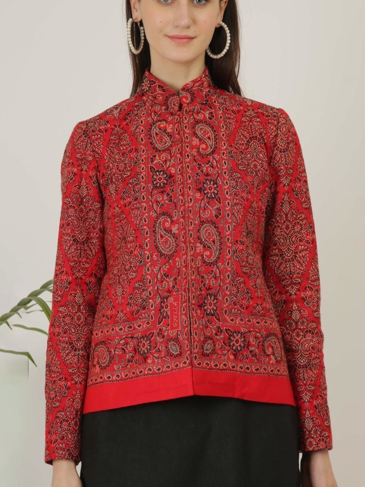 Kaanchie Nanggia Red Wool Self Design Jacket