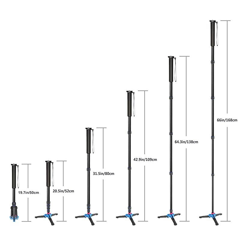 Extendable Camera Carbon Fiber Monopod with Removable Foldable Tripod Support Base: 5-Section Leg, Max. 66 inches for Canon Nikon Sony DSLR Cameras, Payload up to 11 pounds/5 kilograms