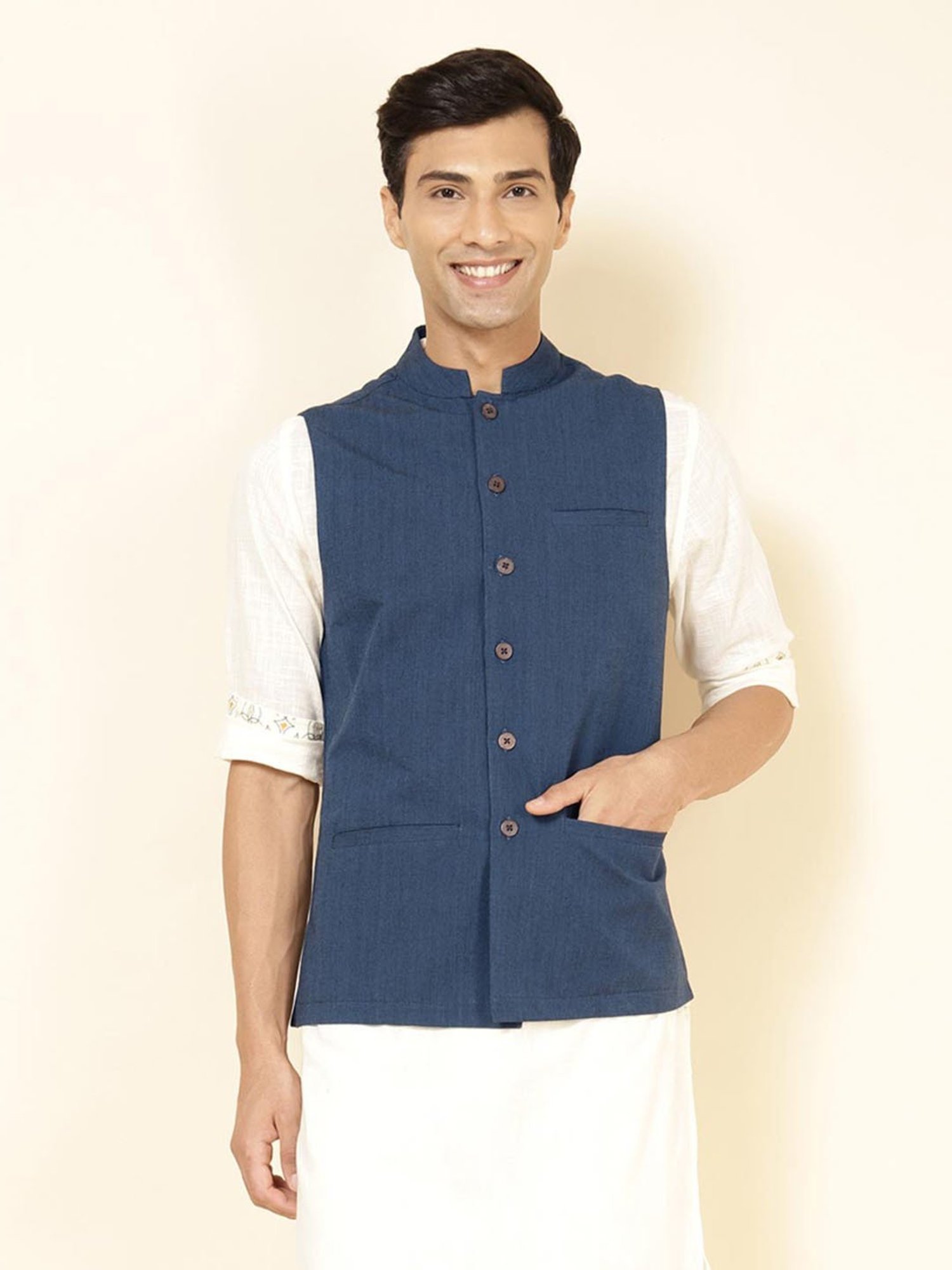 Fabindia Navy Regular Fit Nehru Jacket