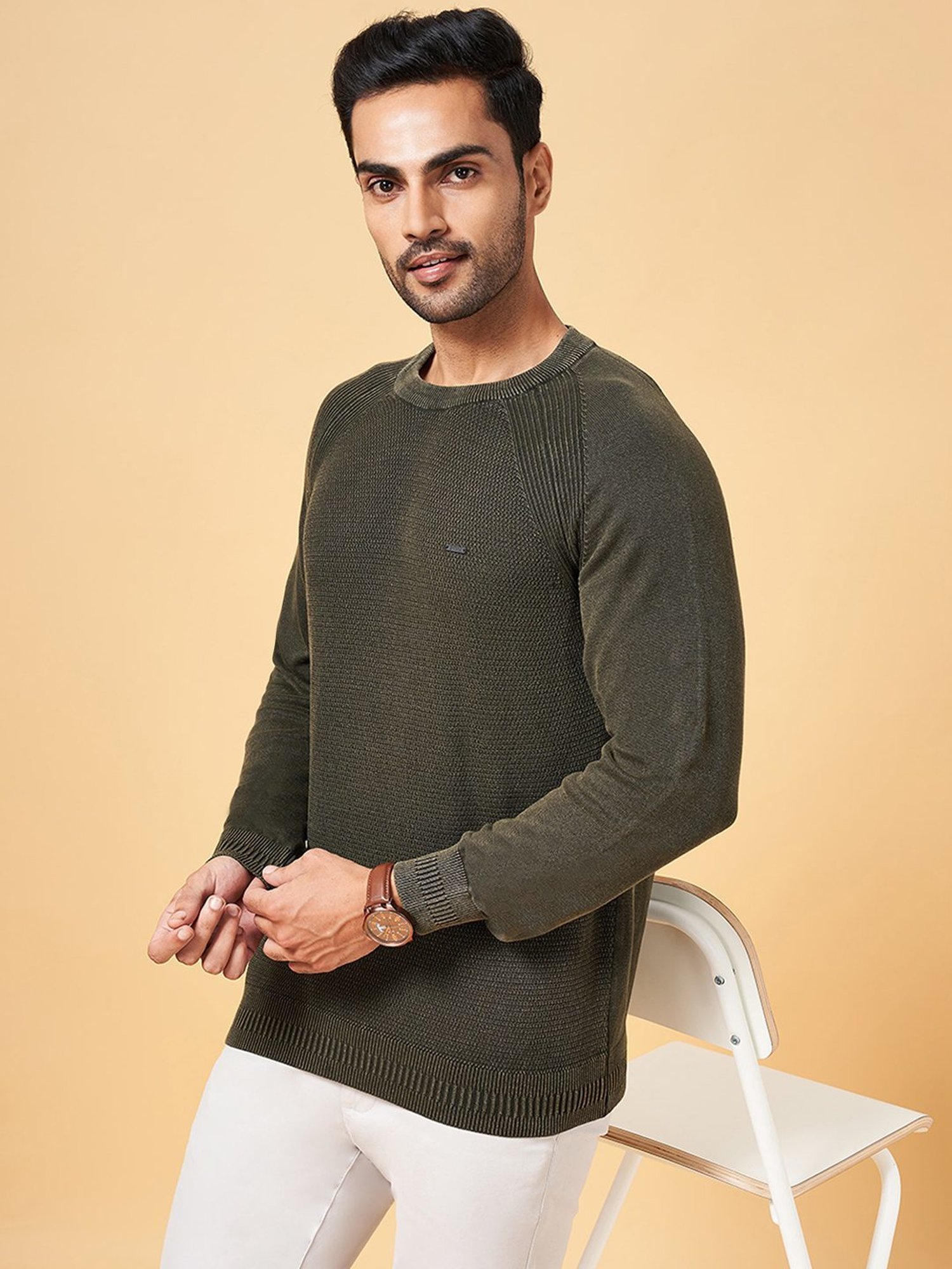 Byford by Pantaloons Olive Cotton Slim Fit Sweater