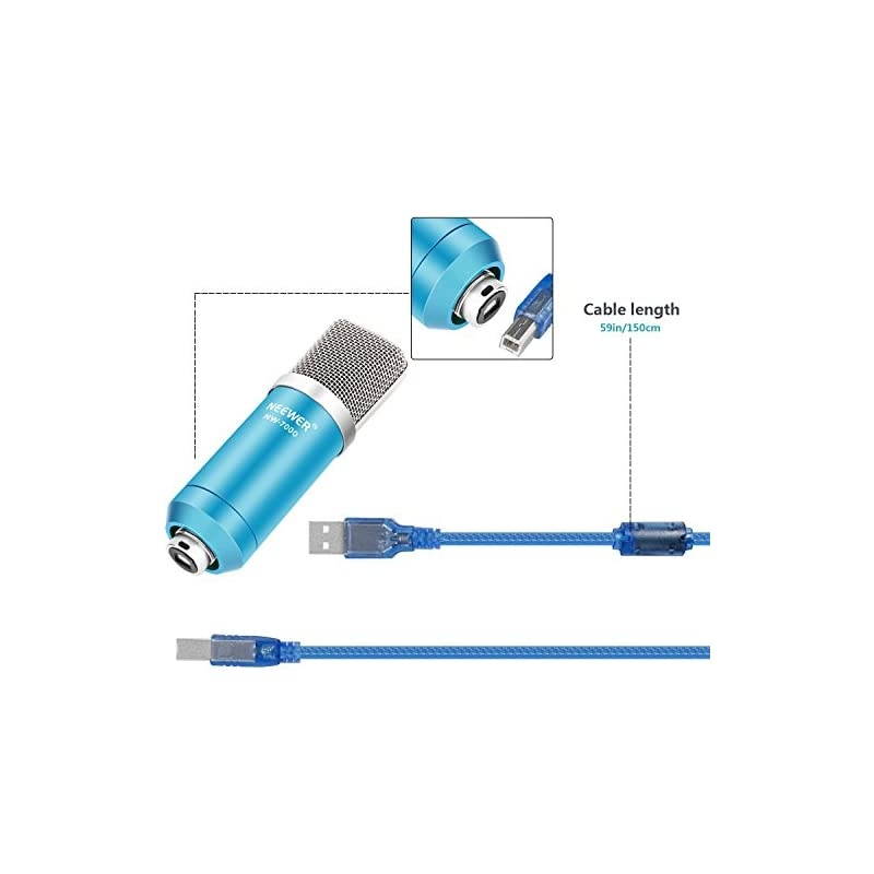 USB Microphone with Suspension Scissor Arm Stand Shock Mount Monitor Headphone Pop Filter USB Cable and Table Mounting Clamp Kit for Sound Recording for Windows and Mac BlueSilver