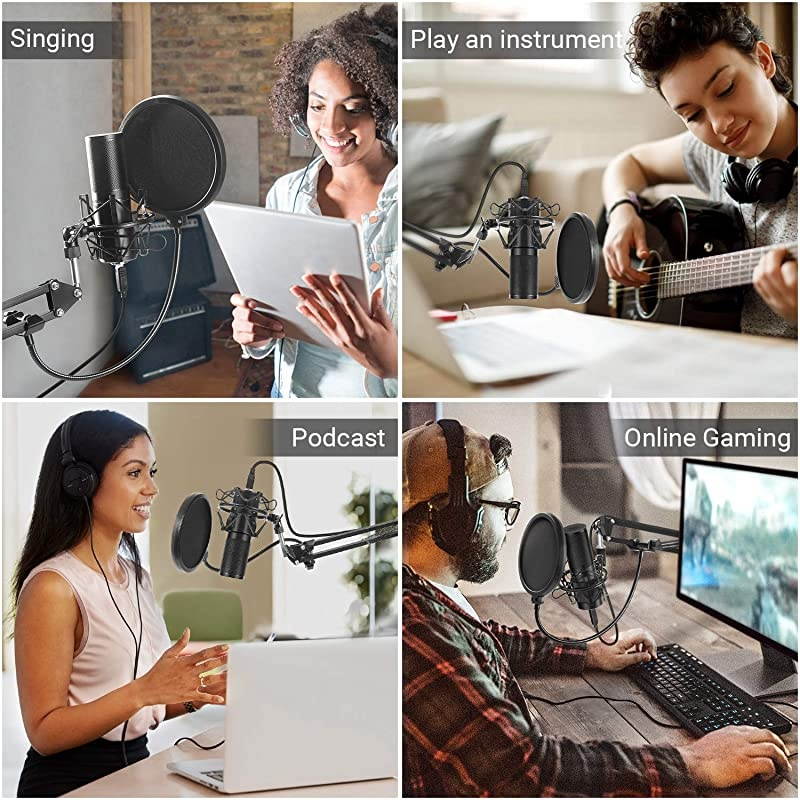 USB Microphone Kit Streaming Podcast PC Condenser Computer Mic for Gaming YouTube Video Recording Music Voice Over Studio Mic Bundle with Adjustment Arm Stand Q9