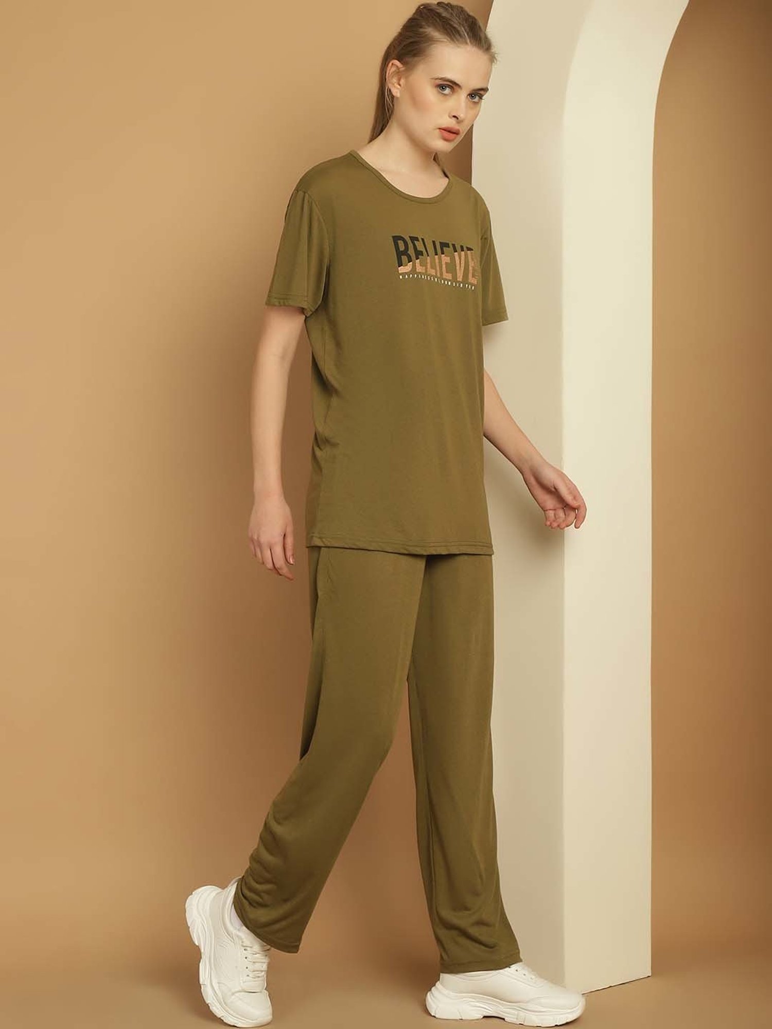 Vimal Jonney Olive Green Cotton Printed Sports T-Shirt Track Pant Set