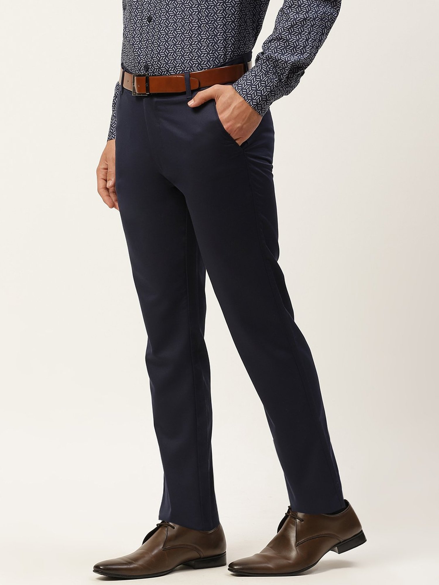 Sojanya Navy Cotton Regular Slim Fit Flat Front Trousers