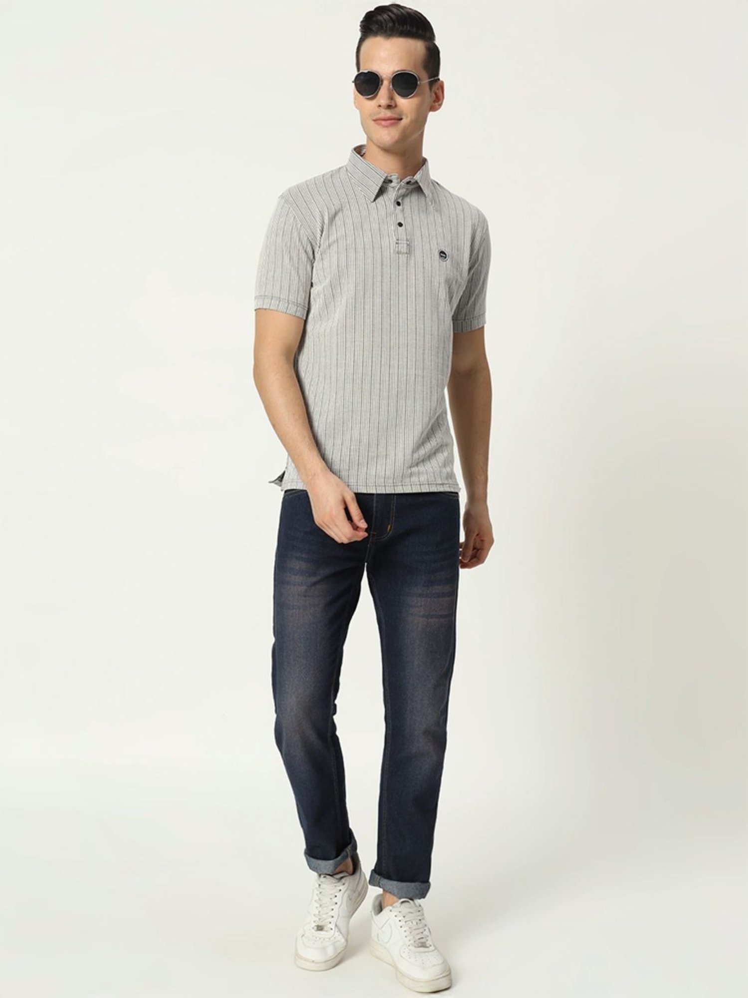 Tab91 Silver Regular Fit Striped Polo T-Shirts
