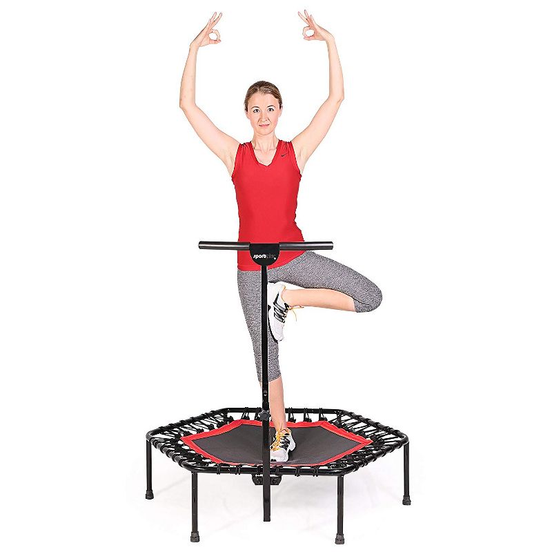 SportPlus Unisex Quiet Miniature Indoor Rebounder Home Fitness Trampoline with Height Adjustable Bar, Red