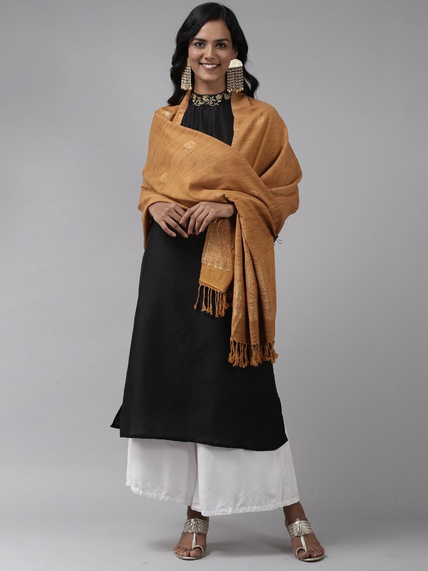 Indo Era Yellow Woven Pattern Shawl