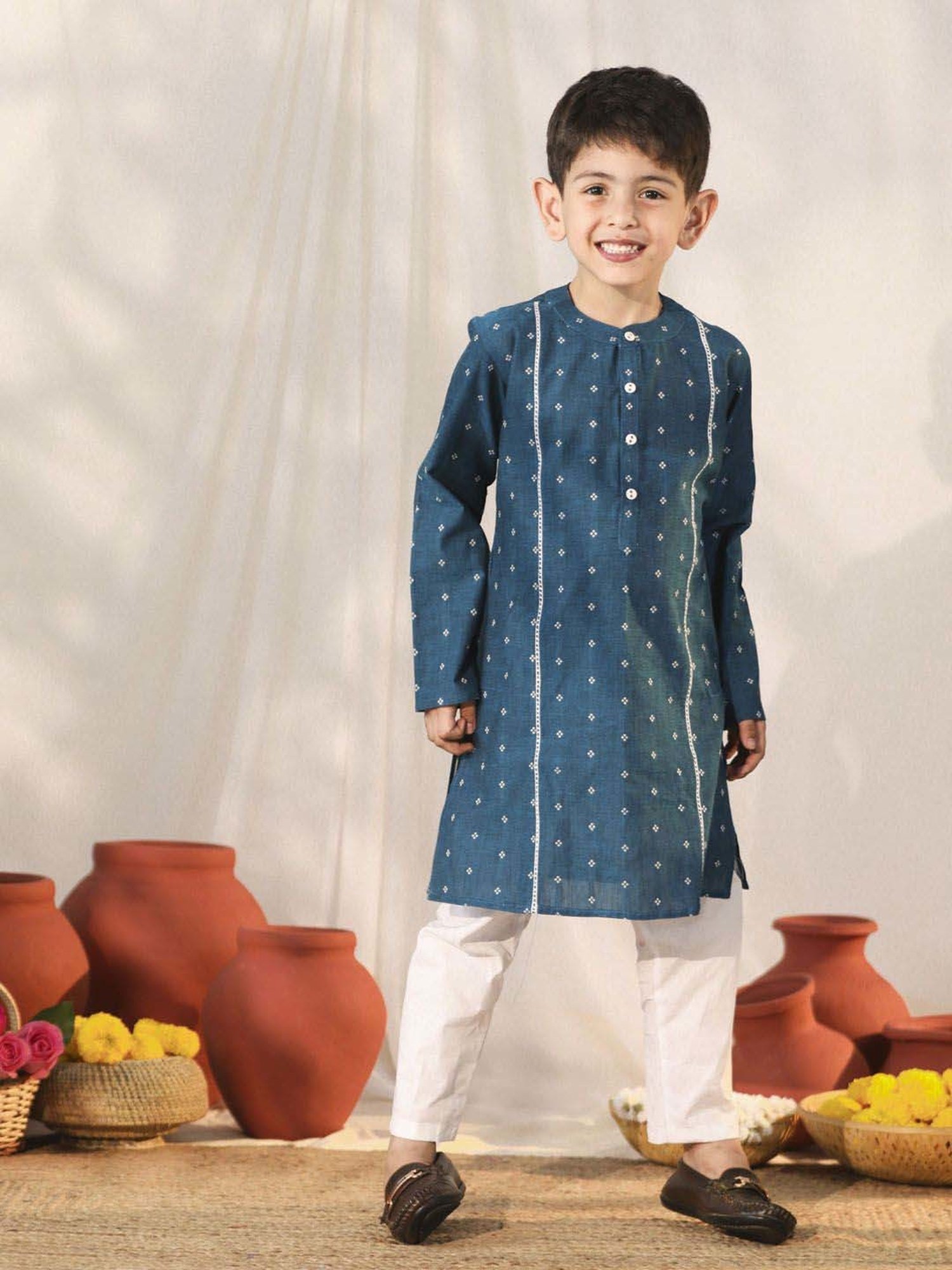 VASTRAMAY Boys Turquoise Cotton Self Full Sleeves Kurta Sets