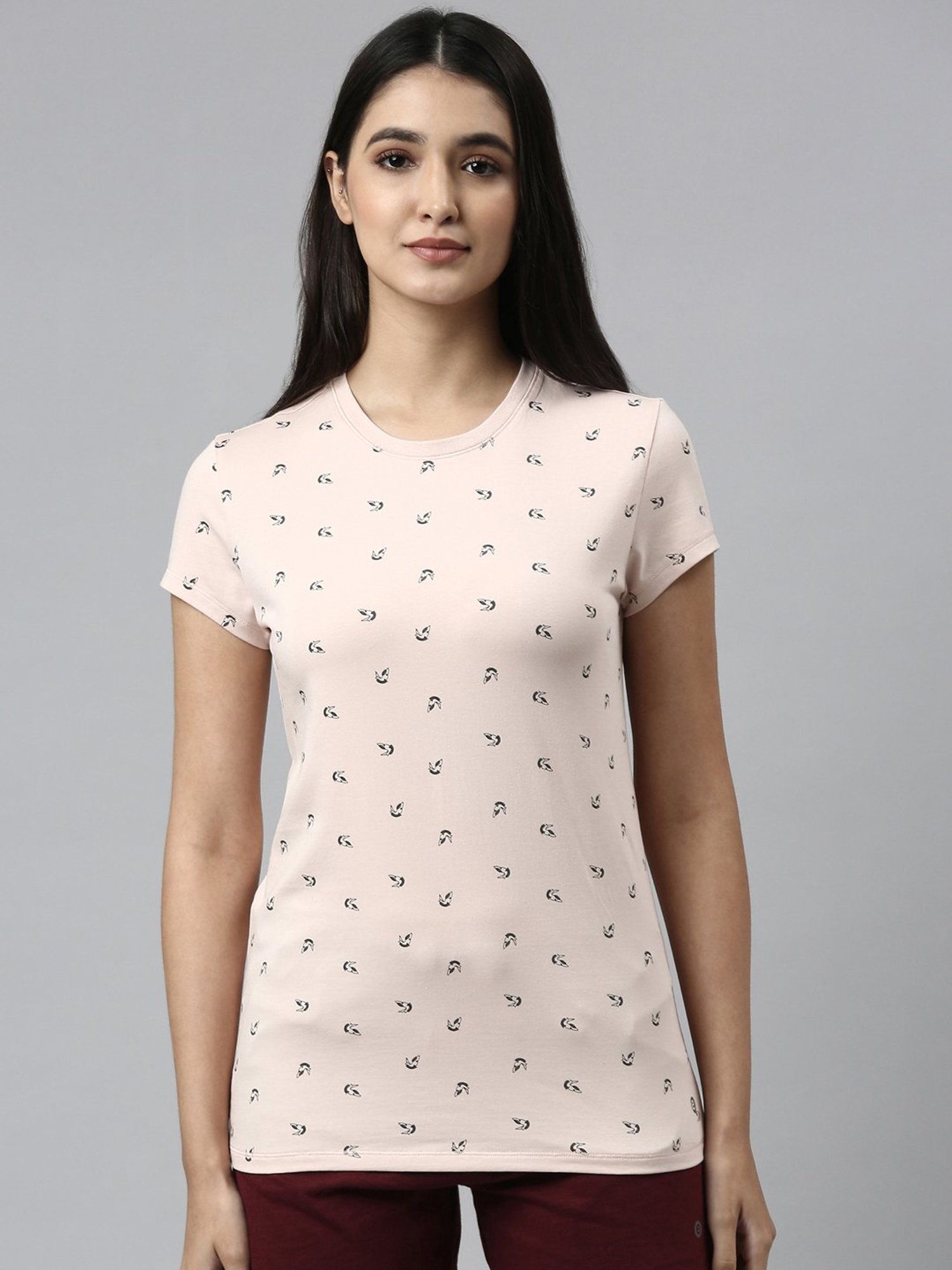 Enamor Peach Cotton Printed T-Shirt