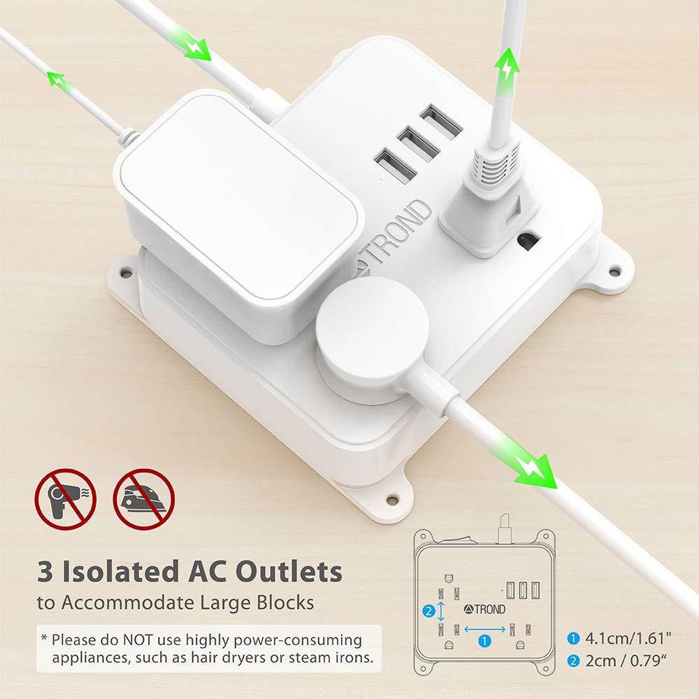 Power Strip with USB, TROND Multi Plug Outlet Splitter with 3 USB Ports, Flat Plug, 3 Widely Spaced Outlets, 4.5ft Extension Cord, Wall Mount, for Cruise Ship Hotel Nightstand Office