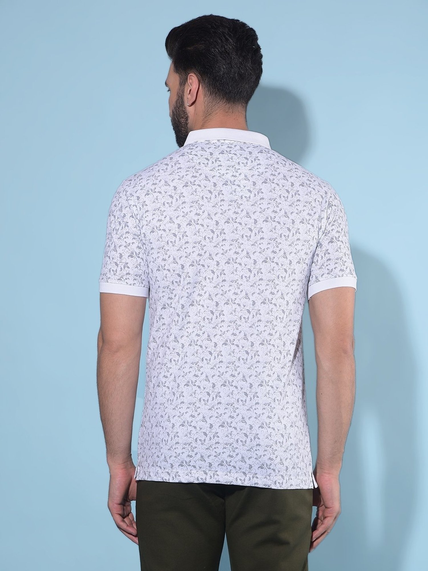 Crimsoune Club Blue Cotton Slim Fit Floral Print Polo T-Shirt