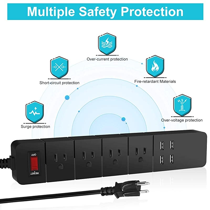 USB Power Strip, 4 USB Ports & 4 Outlets, Fast Charging, White 5.5 ft Cord, 1875W/15A Protector for Desktop, Home, Office & Nightstand Charging Station -