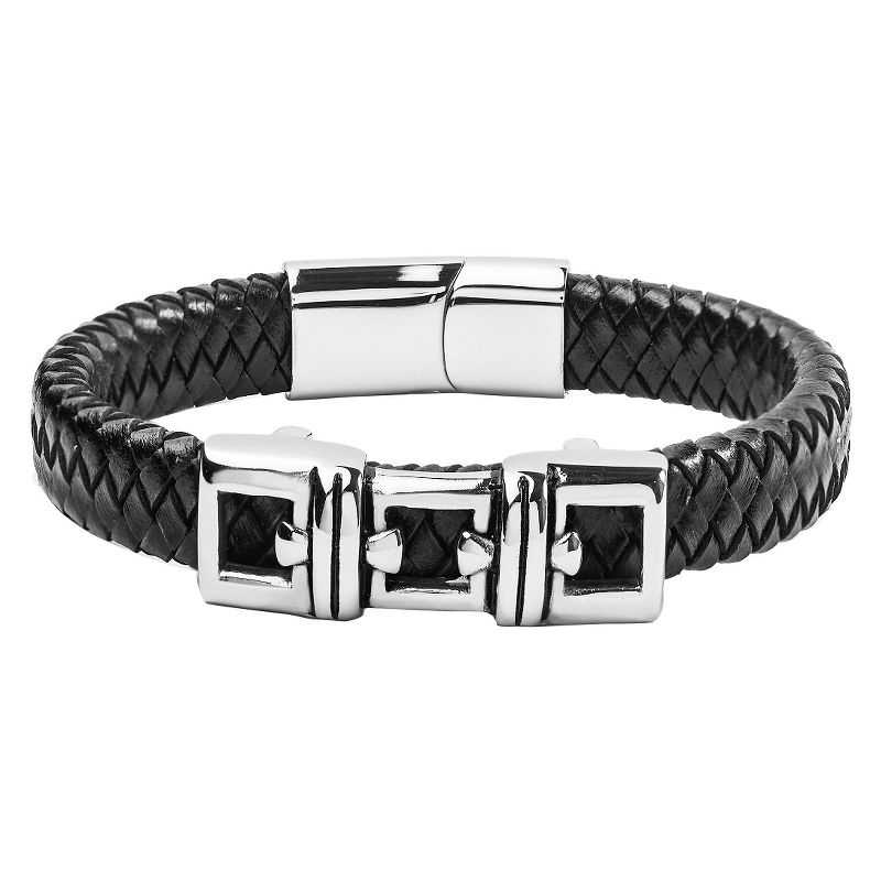 Men's Crucible Stainless Steel and Black Woven Leather ID Bracelet