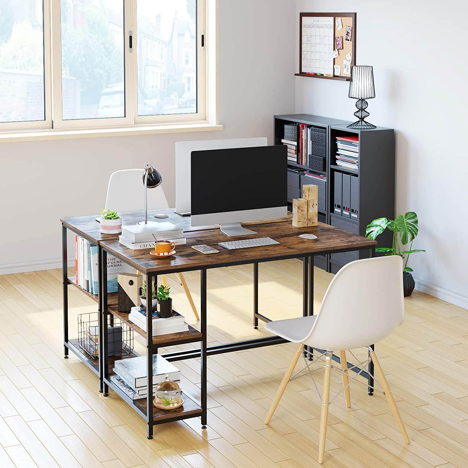 Computer Desk with 2 Shelves, 47 in Length Study Writing Table, 2-in-1 Large Office Desk with Metal Legs, Adjustable feet, Modern Furniture for Home Office, Study Room-Rustic Brown