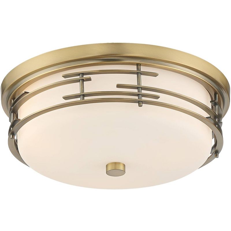 Franklin Iron Works Modern Ceiling Light Flush Mount Fixture Soft Gold 14" Wide White Glass Drum for Bedroom Kitchen Living Room
