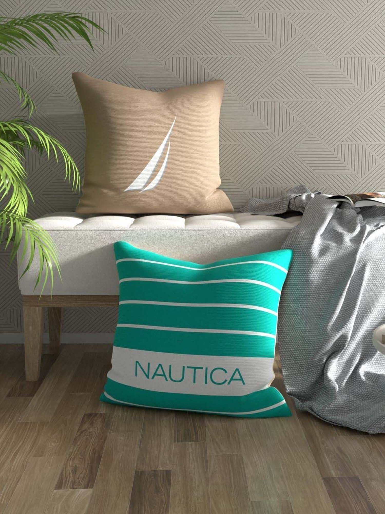 Nautica Logo Stripe Beige & Mint Microfibre 300 GSM Premium Cushion Covers - Set of 2