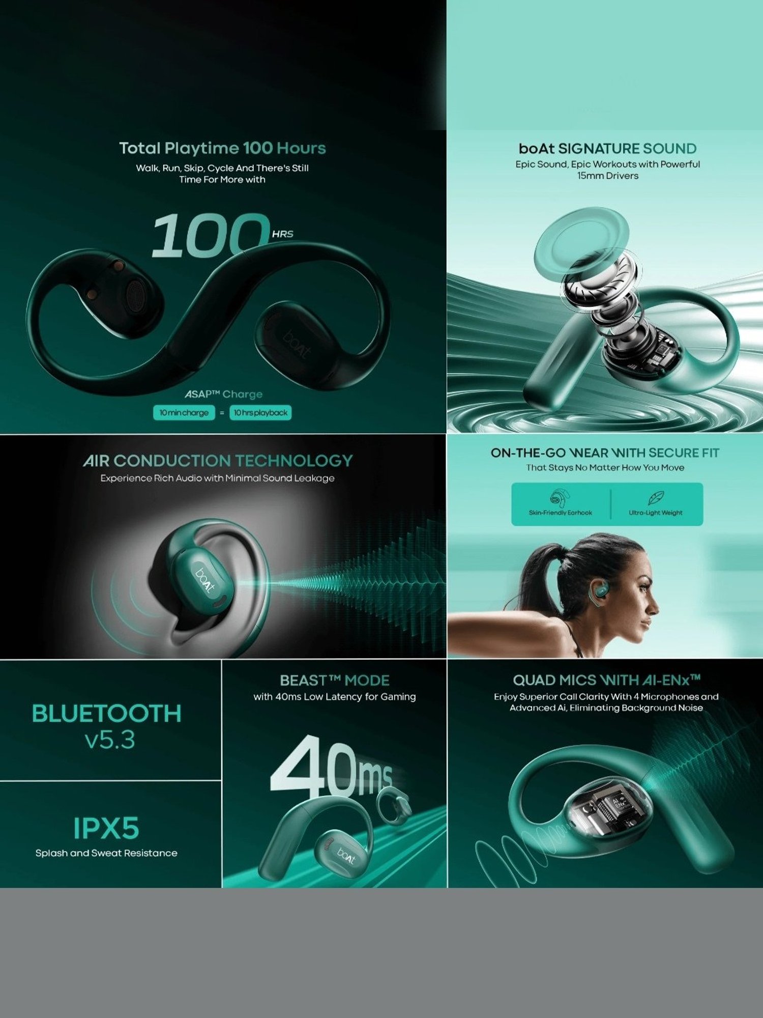 Boat Airdopes ProGear In Ear Bluetooth Earbuds with with 100 Hours Playback (Green)