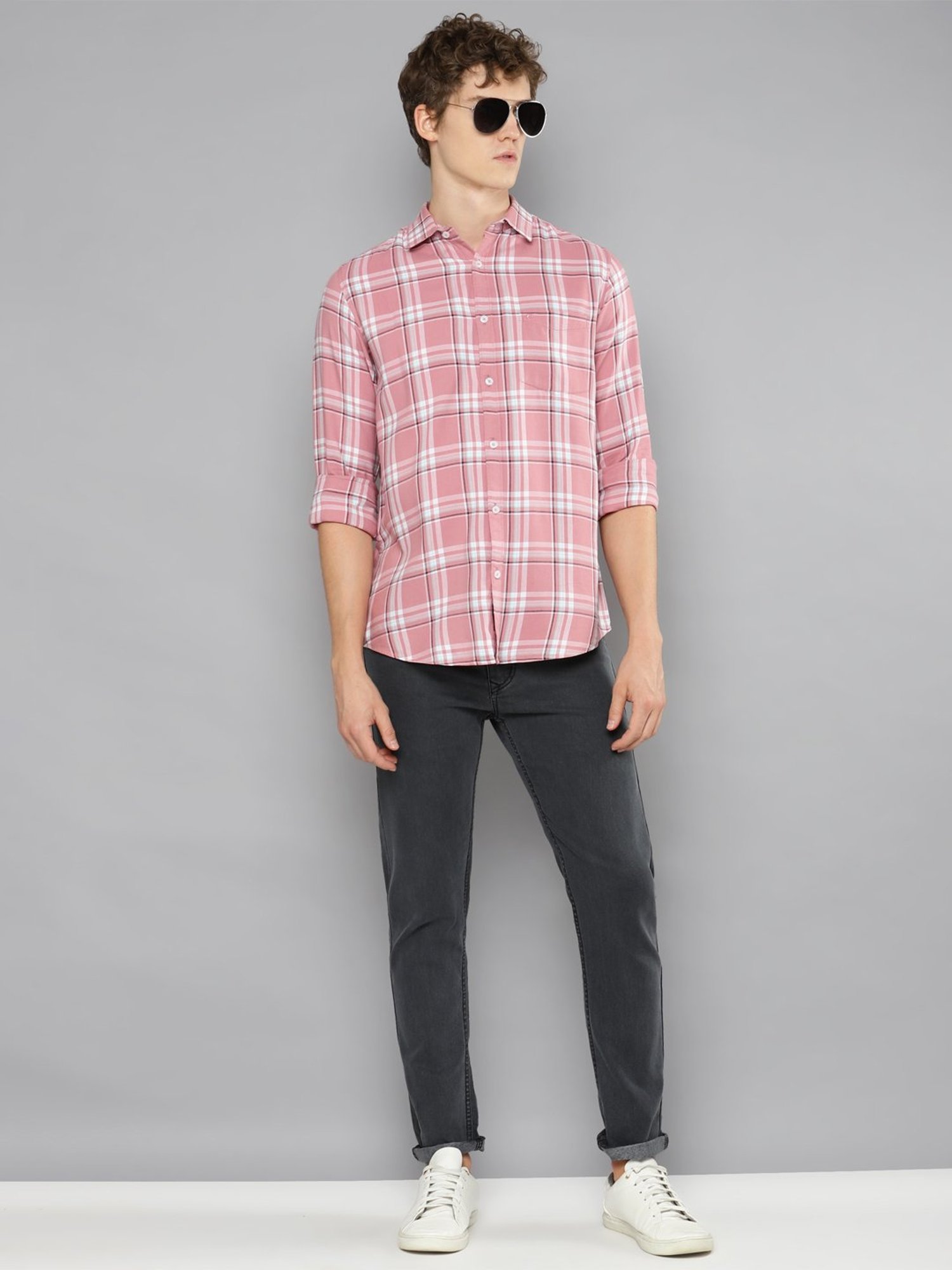 Allen cooper Pink Regular Fit Check Cotton Shirt