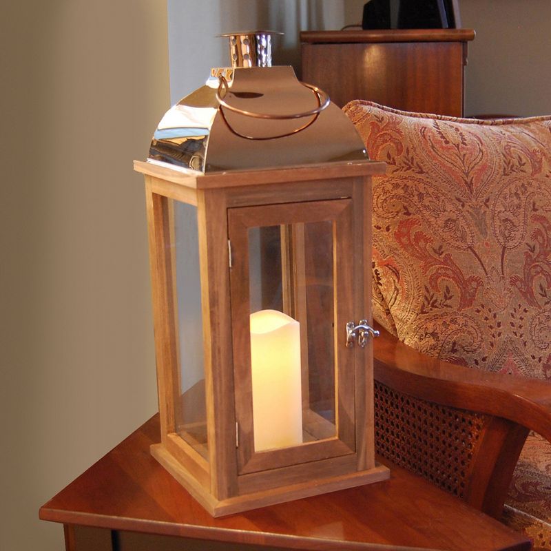 Wooden LED Lantern with Copper Roof and Battery Operated Candle Brown - LumaBase