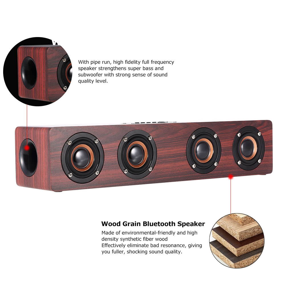 W8 Red Wood Grain Bluetooth Speaker Bluetooth 4.2 Four Louderspeakers Super Bass Subwoofer Hands-free with Mic 3.5mm AUX-IN TF Card 3000mAh Battery for Home