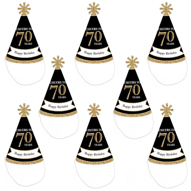 Big Dot of Happiness Adult 70th Birthday - Gold - Cone Birthday Party Hats for Kids and Adults - Set of 8 (Standard Size)