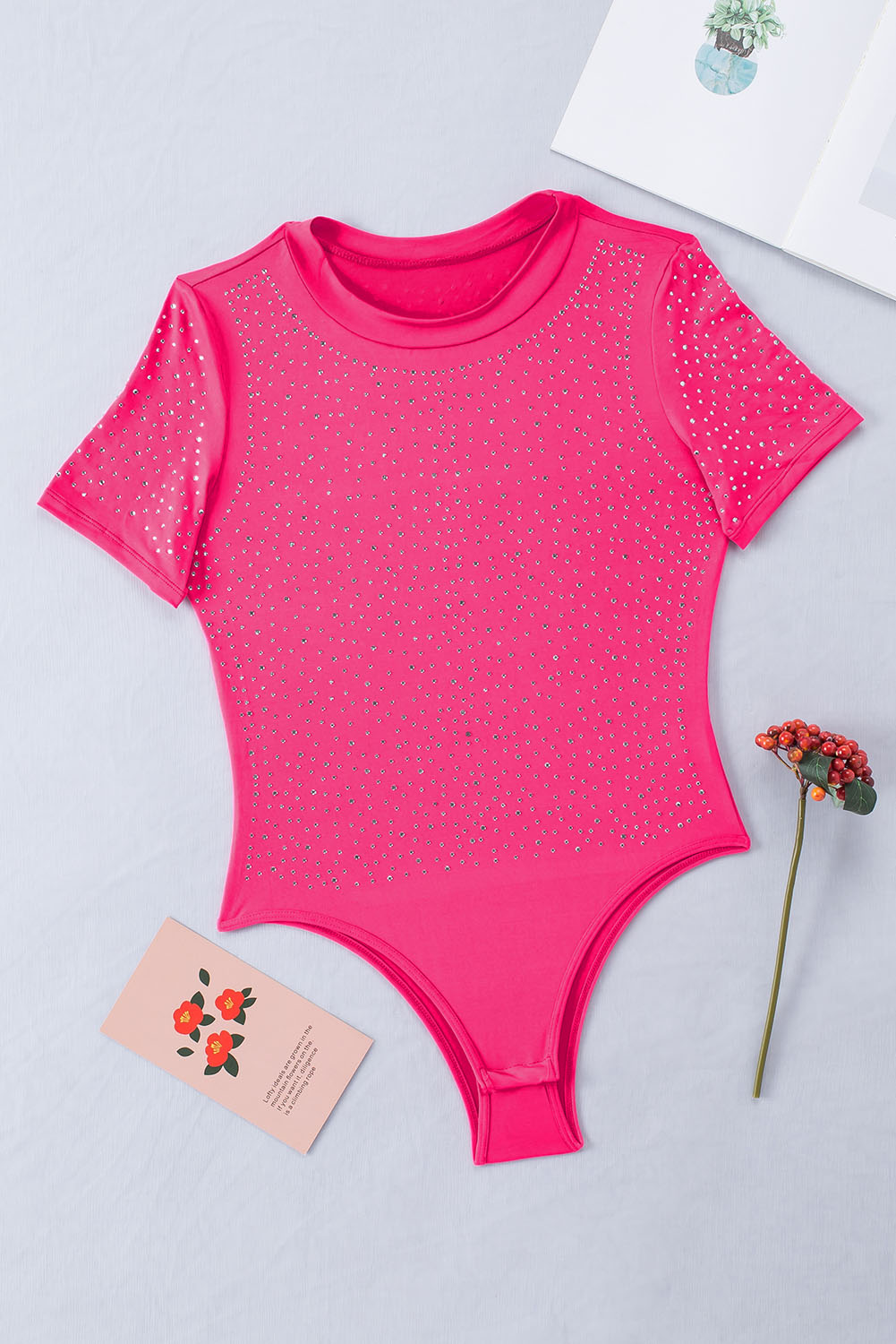Rose Red Rhinestone Mesh Long Sleeve Bodysuit