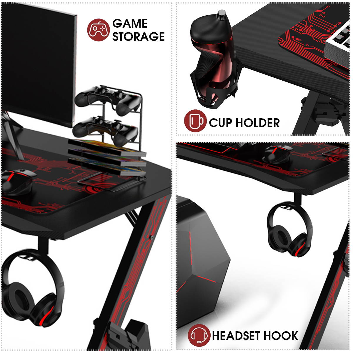 43" Ergonomic Gaming Computer Office Gamer Desk Table W/ Cup Holder Headphone