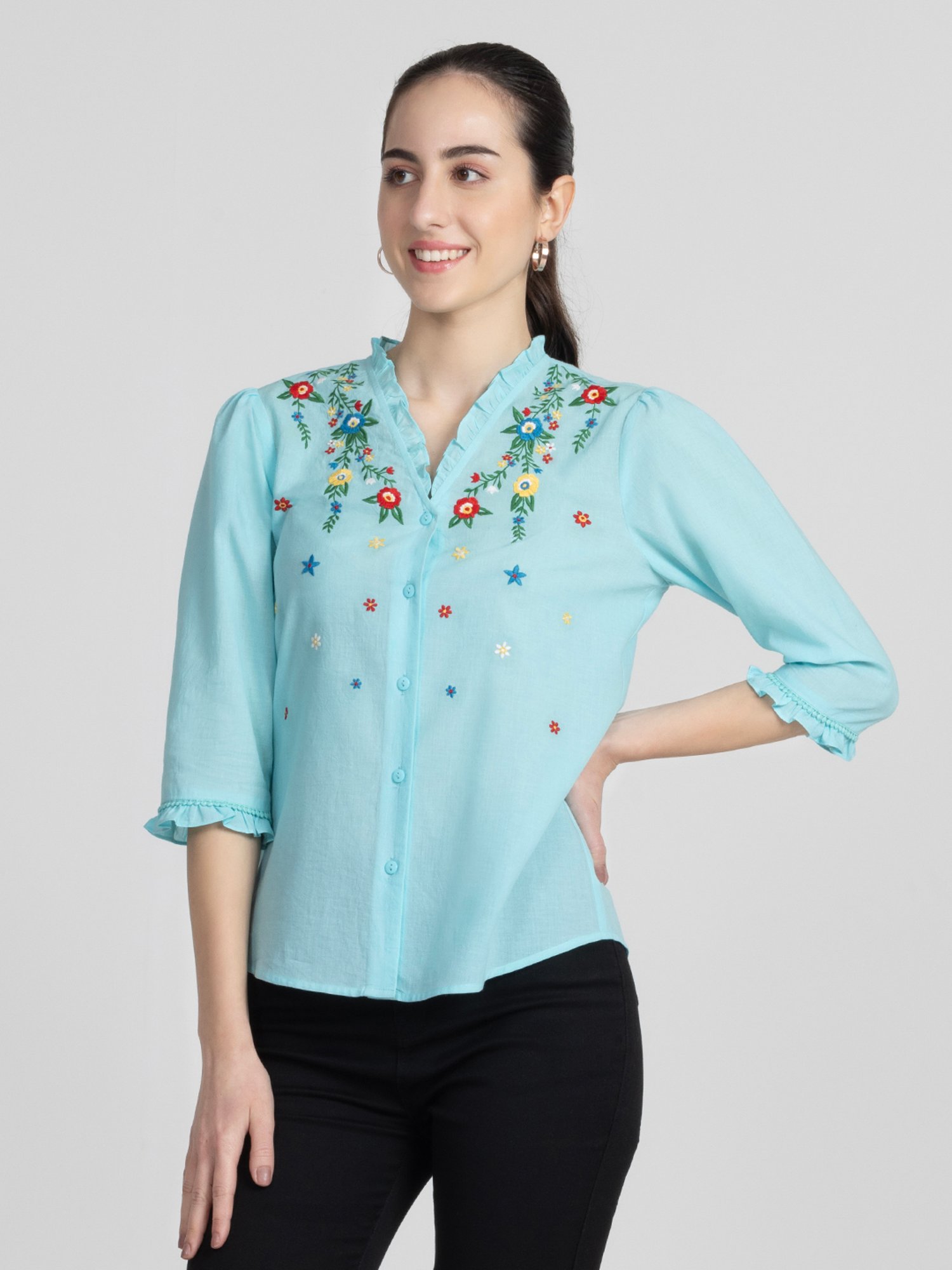 SHAYE Blue Cotton Embroidered Top