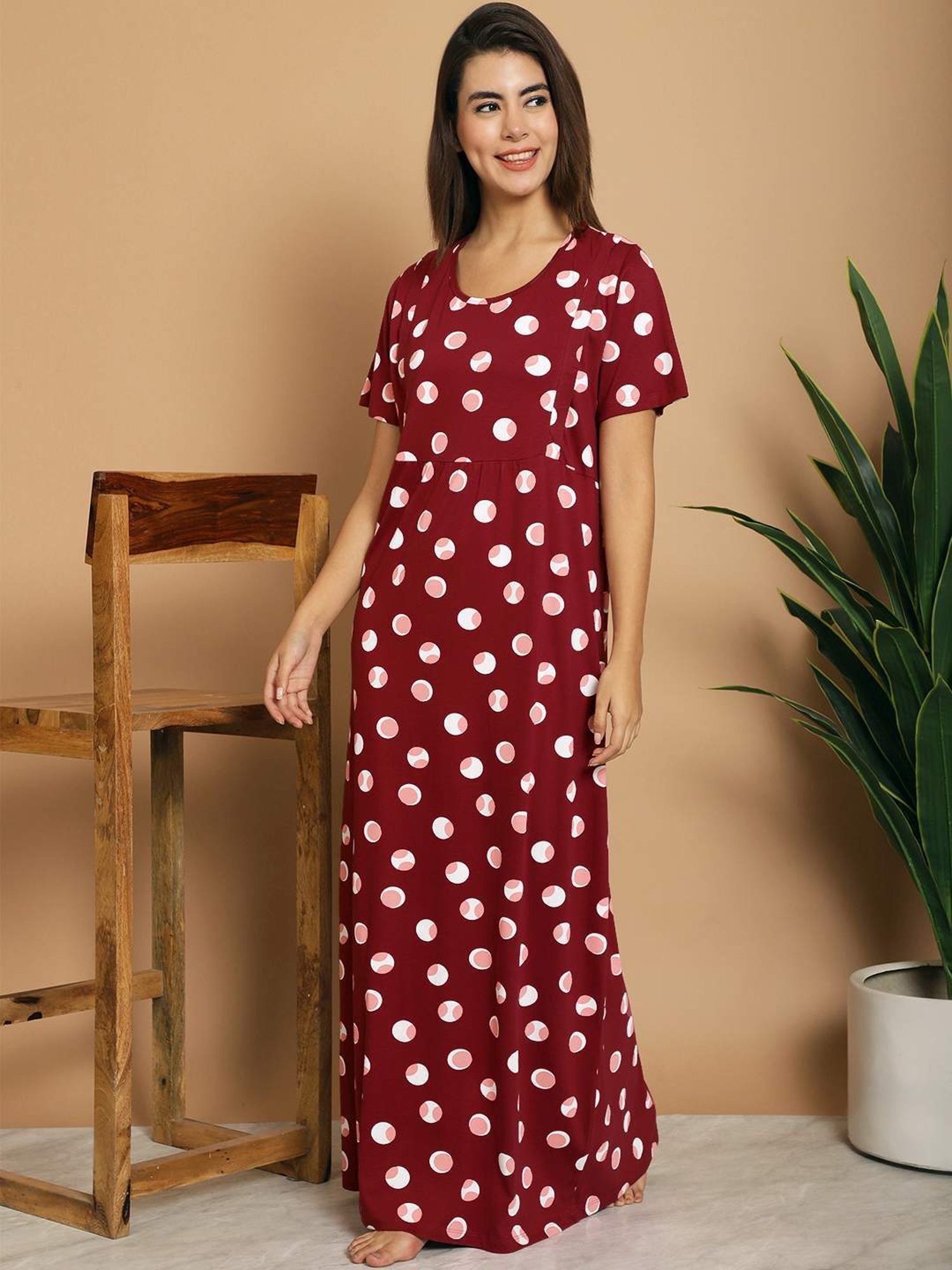Kanvin Red Cotton Printed Nighty