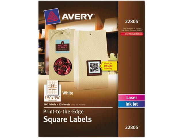 Avery 22805 Multipurpose Label 1.50" Width x 1.50" Length - 1 / Pack - Square - 24/Sheet - Laser, Inkjet - White