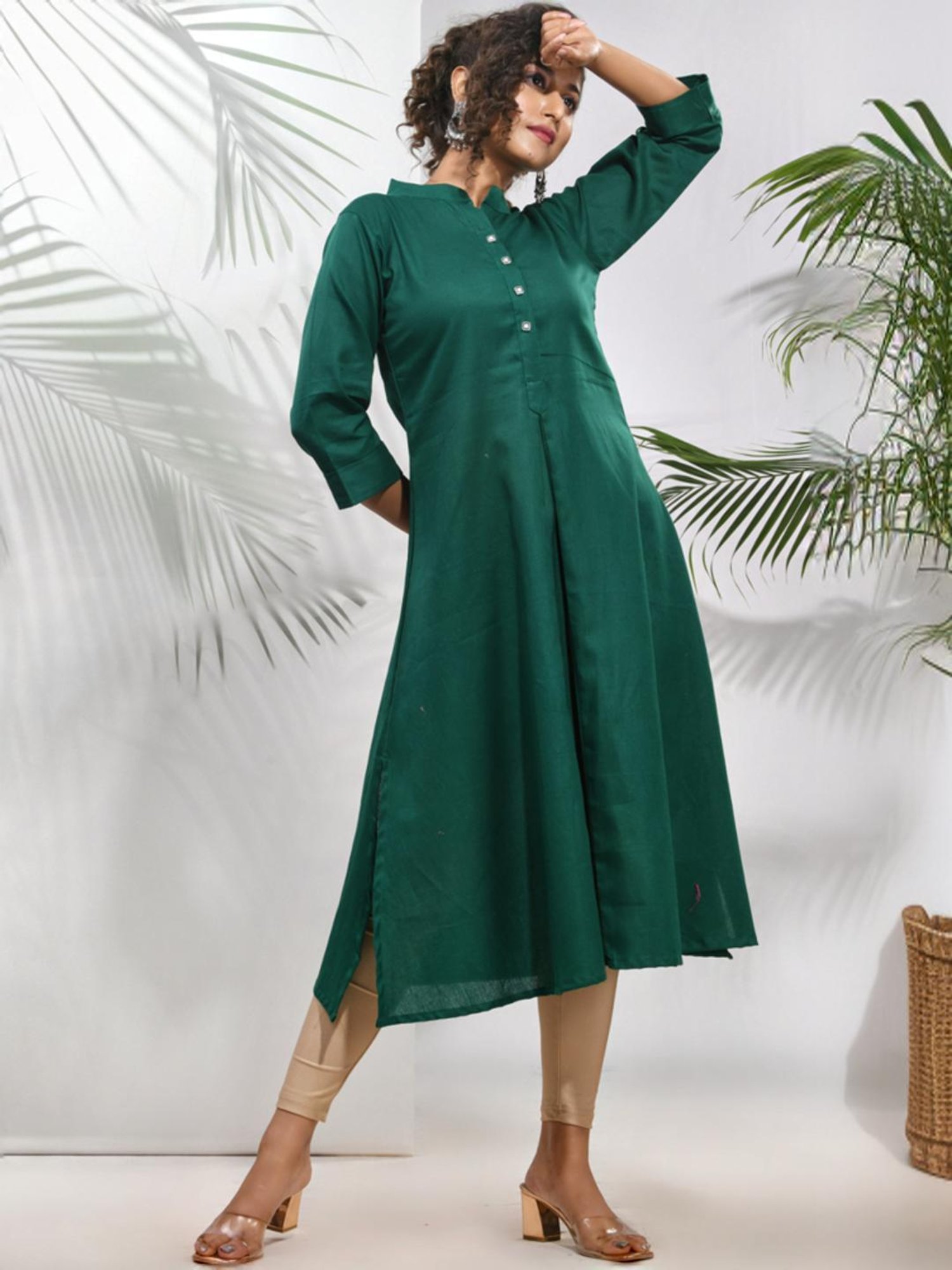 CHARUKRITI Green Cotton Woven Pattern A Line Kurta