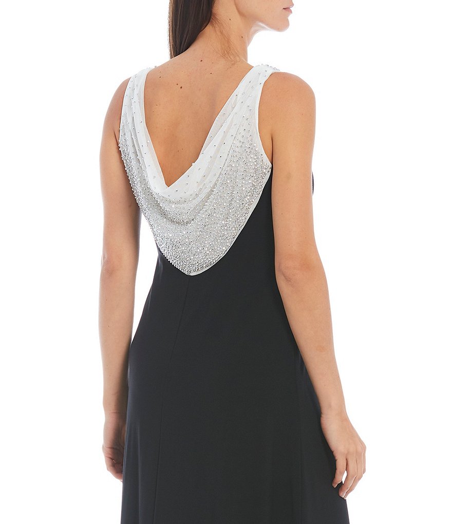 R & M Richards Sleeveless Caviar Bead Cowl Neck Shift Gown