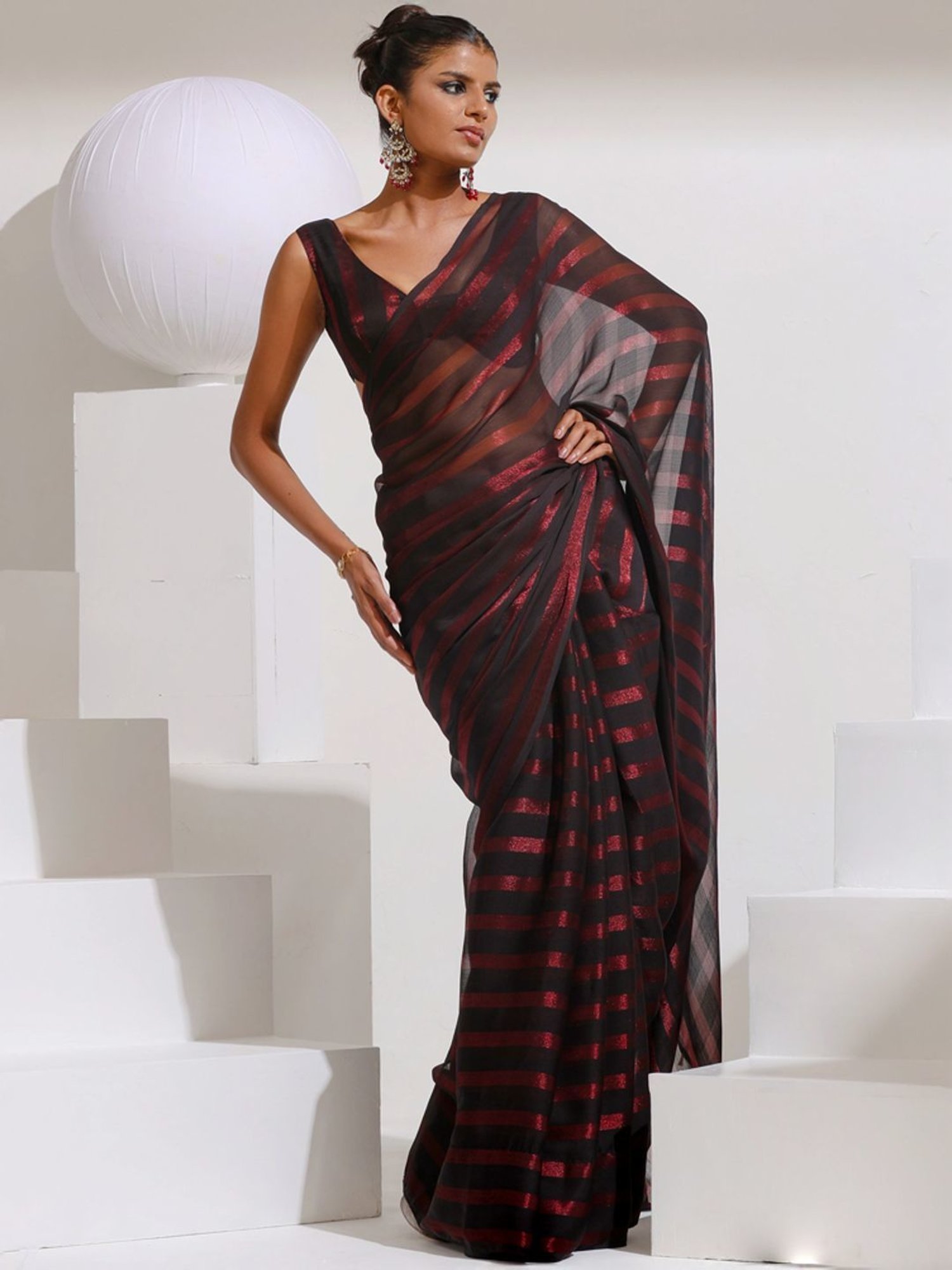 Swtantra Black Striped Saree With Unstitched Blouse