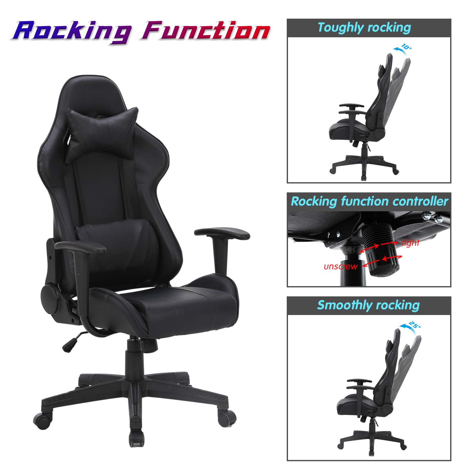 Racing Style Ergonomic Computer Gaming Chair Massage Chair with High-Back Swivel PU Leather, Seat Height Adjustable, and Lumbar & Head Support