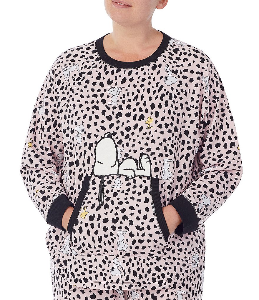 Peanuts Plus Leopard & Snoopy & Woodstock Printed French Terry Long Sleeve Coordinating Sleep Top
