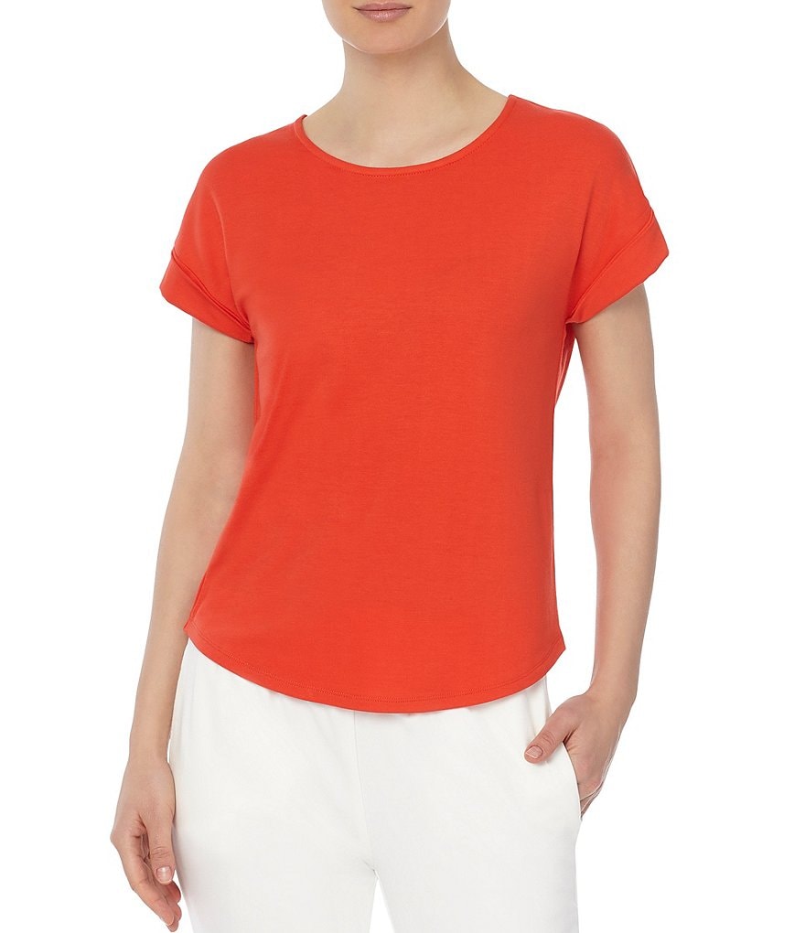 Jones New York Roll Cuff Short Sleeve Jewel Neck Knit T-shirt