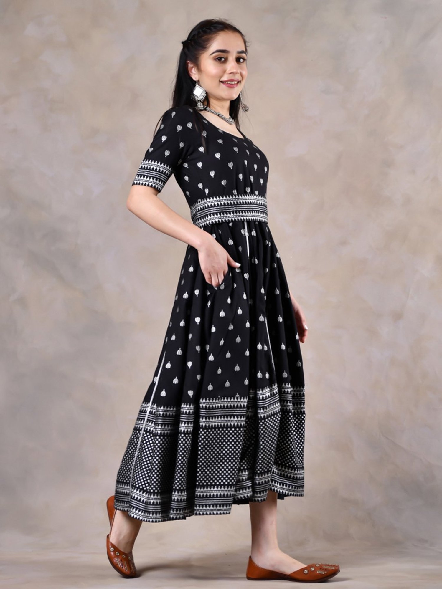 Rustorange Black Printed A-Line Dress