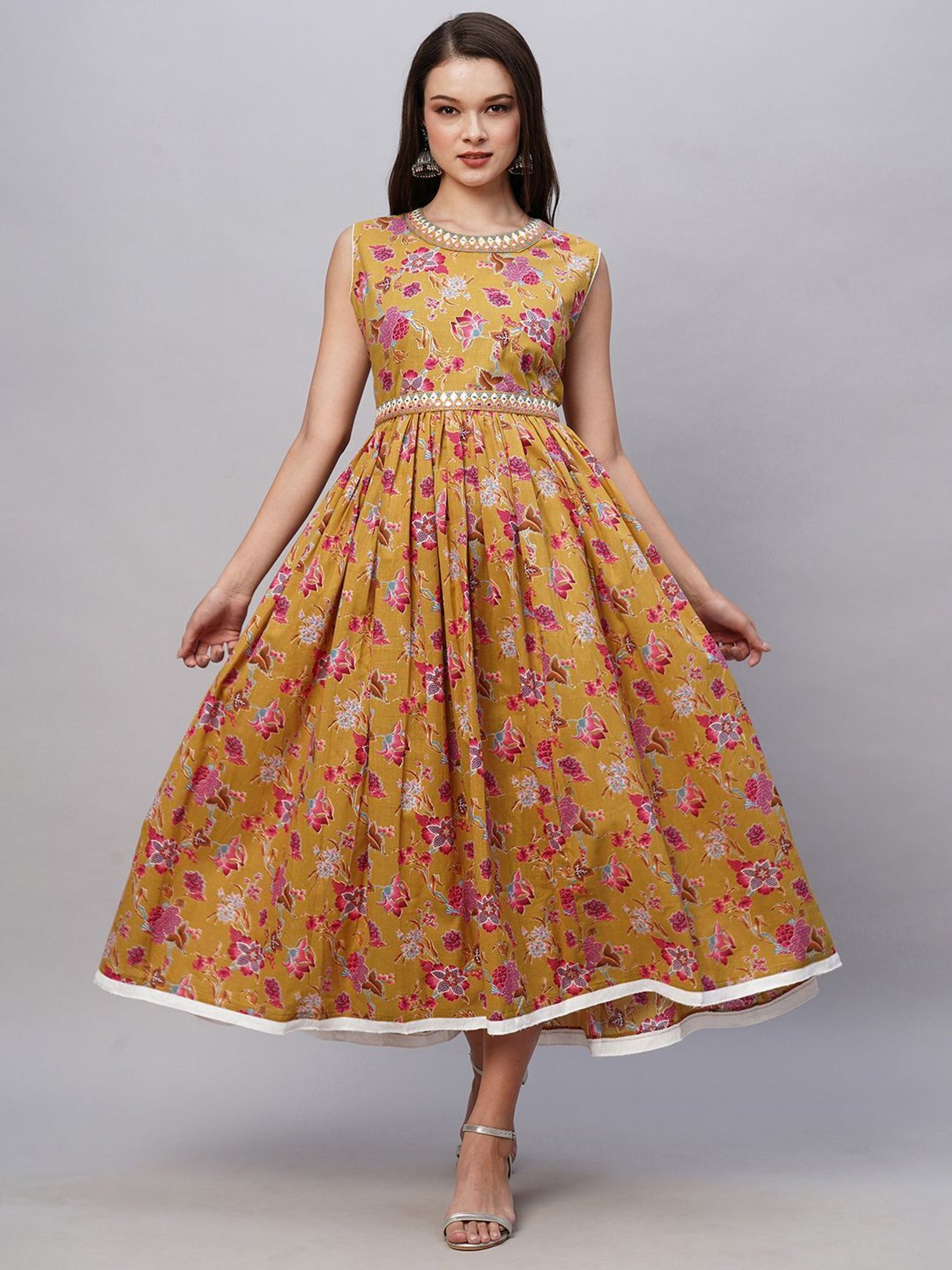 KIANA Brown Cotton Printed Maxi Dress