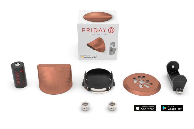 FRIDAY HOME Smart Lock - Brass Finish. World's smallest smart lock: diameter 2 3/4". IOS and Android compatible. Built in WiFi on Demand. Rechargeable battery and charger included.
