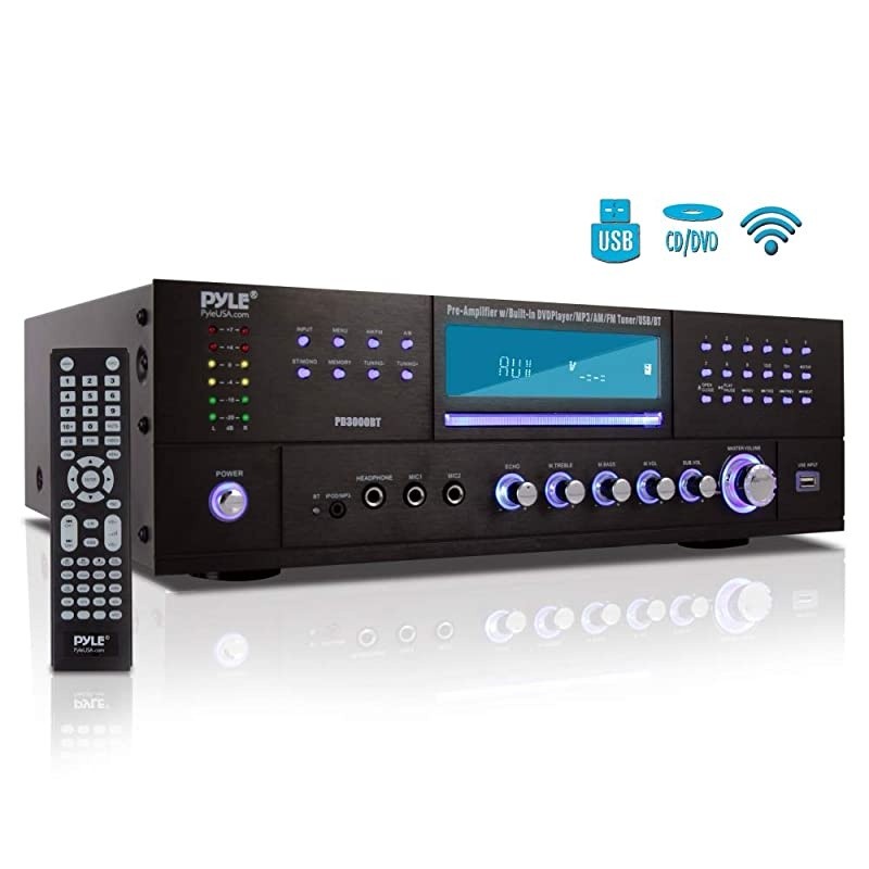 4-Channel Home Theater Bluetooth Preamplifier - 3000 Watt Stereo Speaker Home Audio Receiver Preamp w/ Radio, USB, 2 Microphone w/ Echo for Karaoke, CD DVD Player, LCD, Rack Mount -  PD3000BT