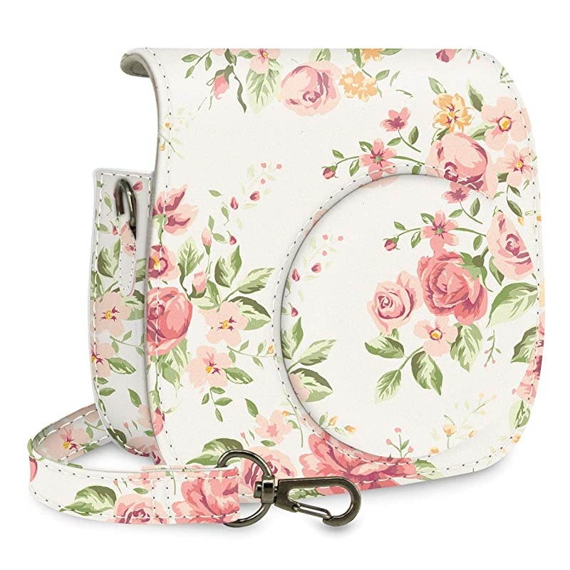 Protective Case Bag Purse Compatible with Fuji Instax Instant Mini 9 Mini 8 Mini 8+ Instant Camera White Vintage Flower Floral