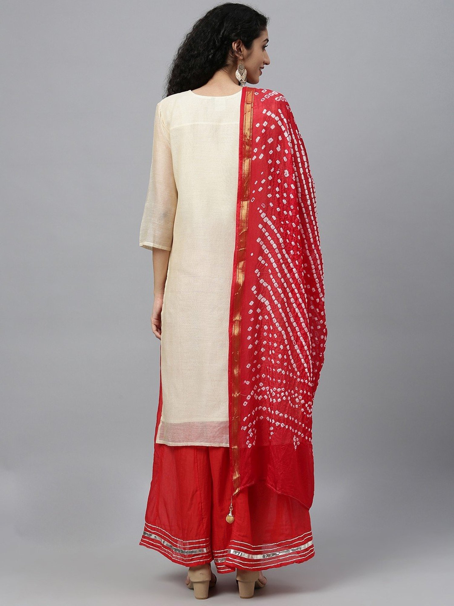 Geroo Jaipur Beige & Red Embroidered Kurta Palazzo Set With Dupatta