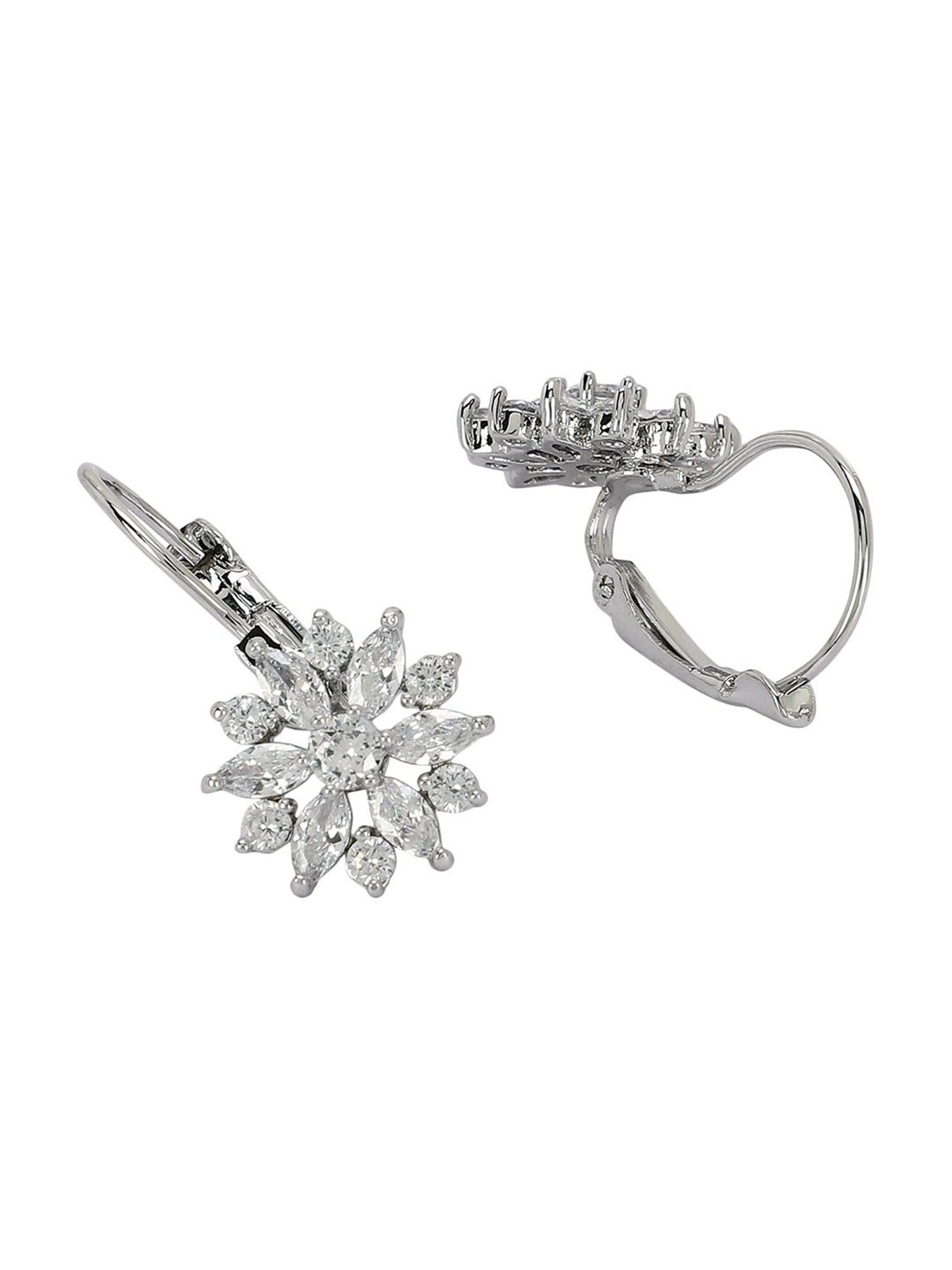 OOMPH Silver Tone Floral Cubic Zirconia Office-Wear Fashion Drop Earrings for Women