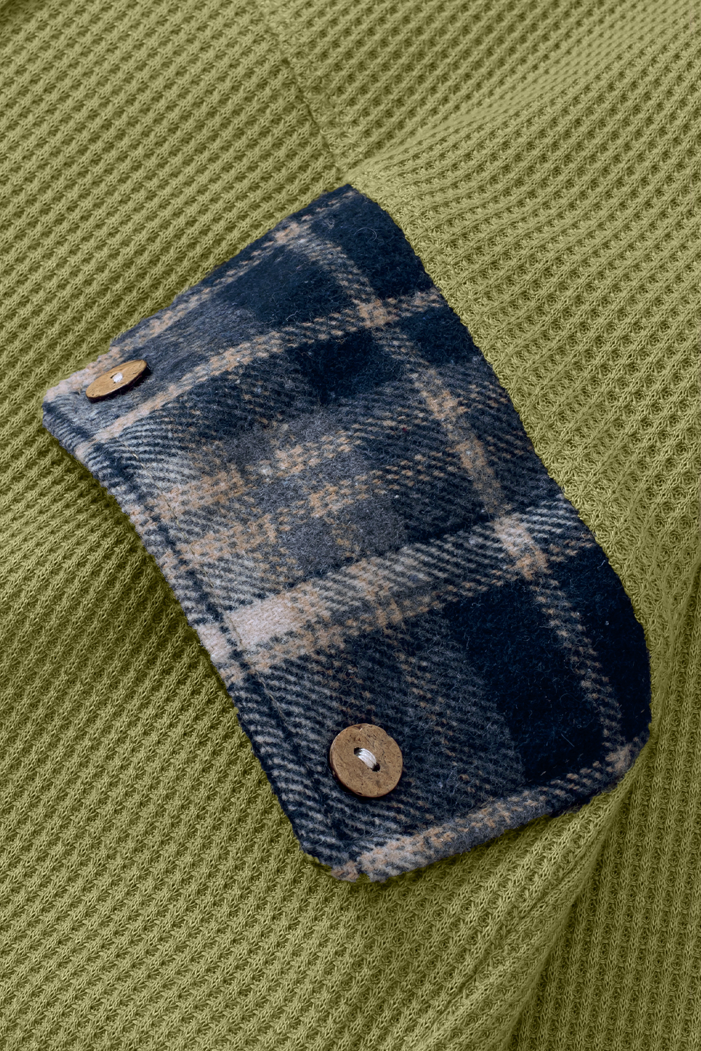 Green Waffle Knit and Flannel Henley Oversized Hoodie