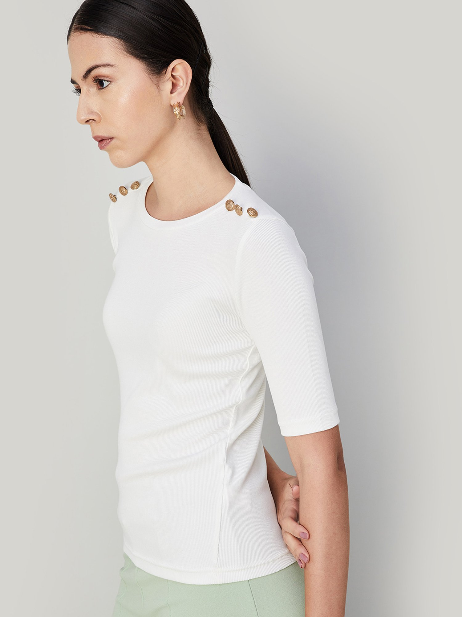 Code by Lifestyle Off White Cotton Regular Fit Top