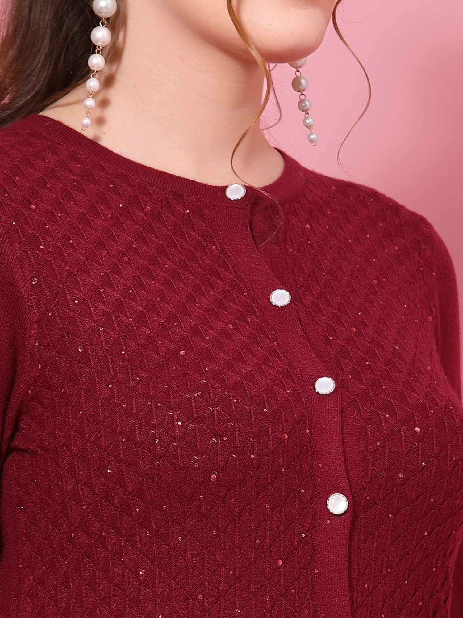 Mafadeny Maroon Embellished Cardigan