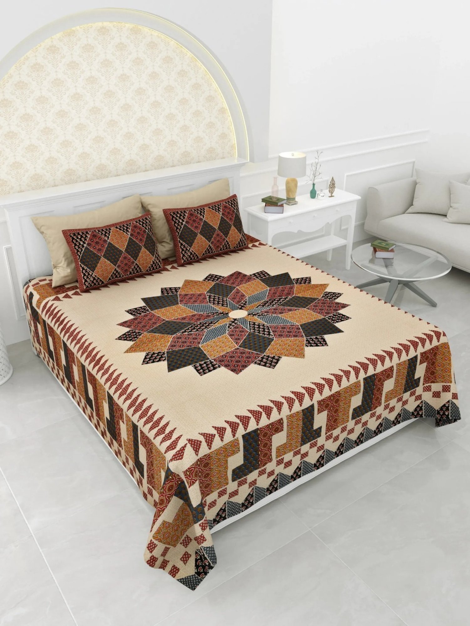 Living Roots Block print Brown 150 TC Cotton Bedsheet with 2 Pillow Covers
